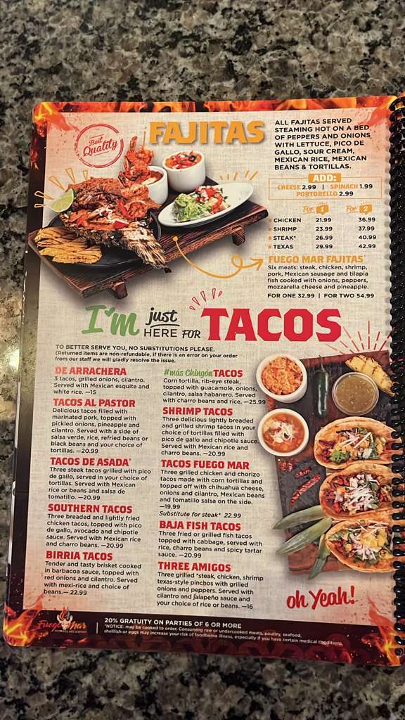 FuegoMar Mex-Grill and Seafood menu board