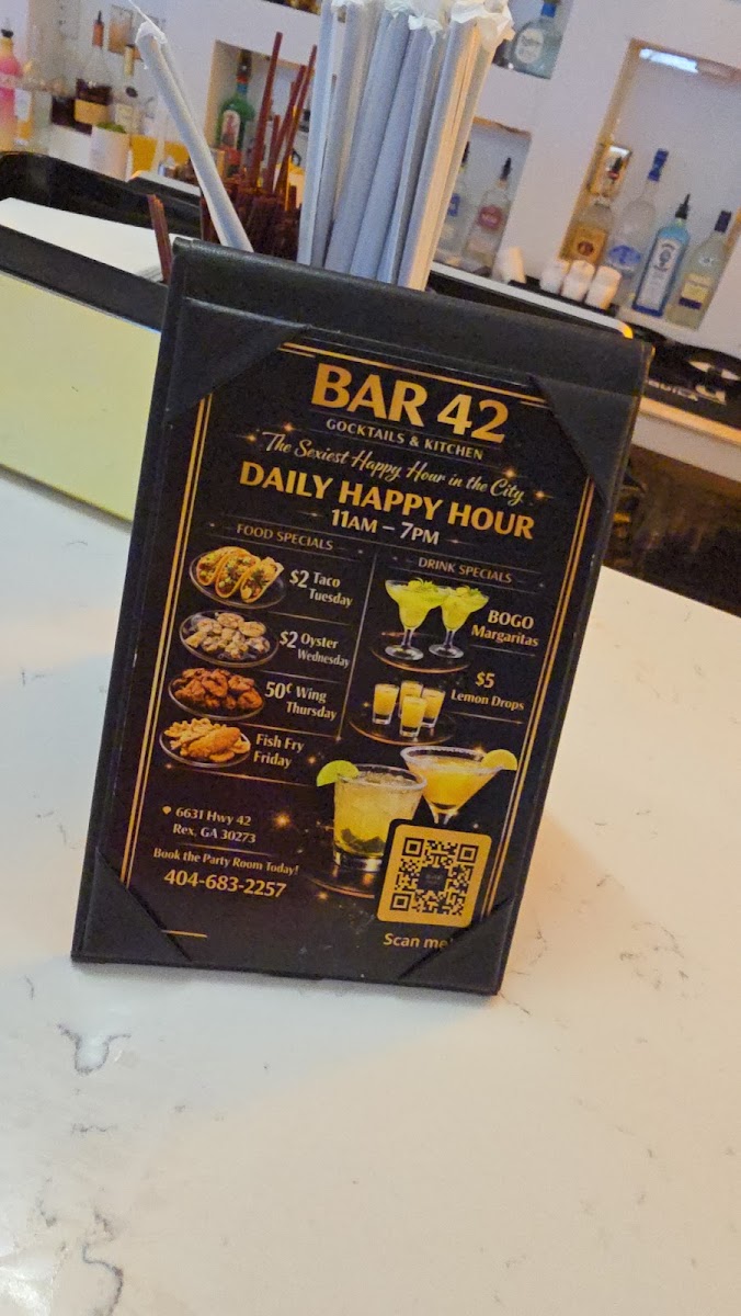 BAR 42 Cocktails & Kitchen menu board