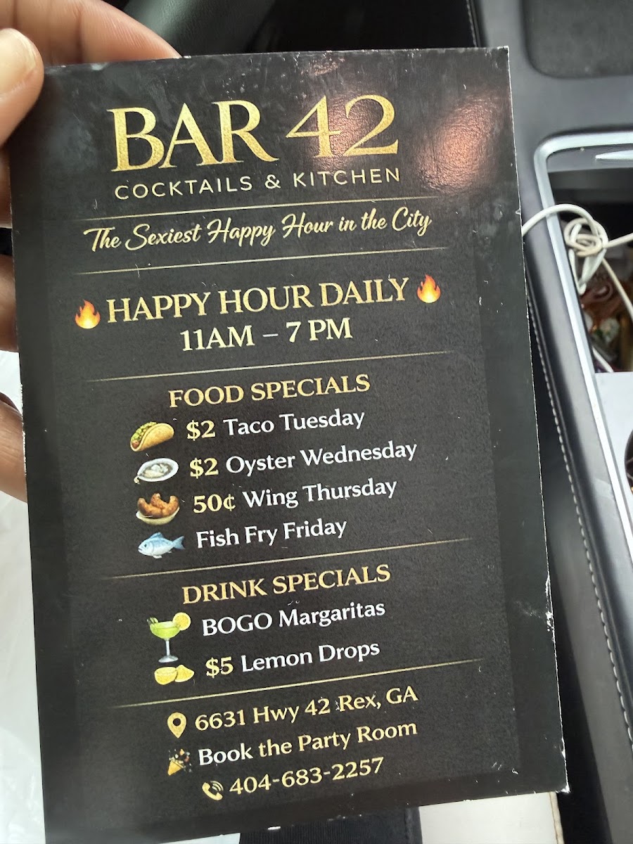 BAR 42 Cocktails & Kitchen menu board