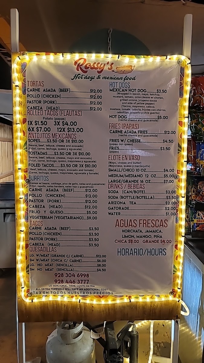 Rossy's Hot-Dogs & Mexican Food menu board