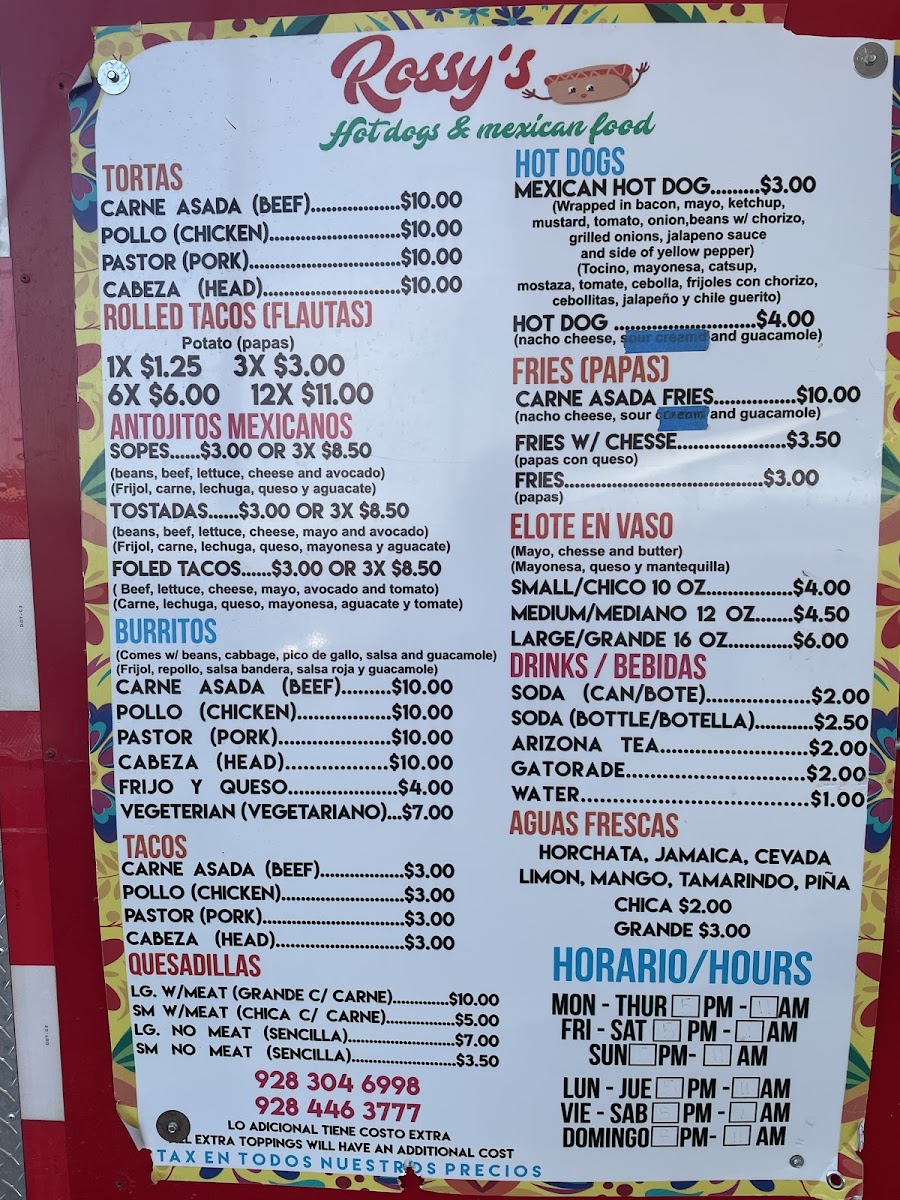 Rossy's Hot-Dogs & Mexican Food menu board