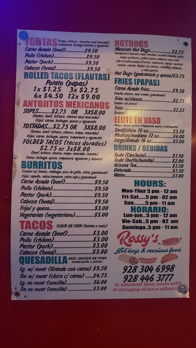 Rossy's Hot-Dogs & Mexican Food menu board