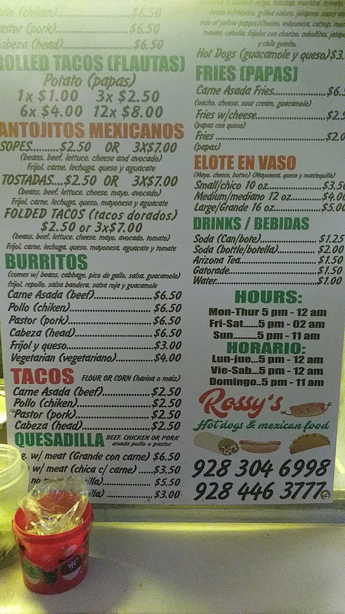 Rossy's Hot-Dogs & Mexican Food menu board