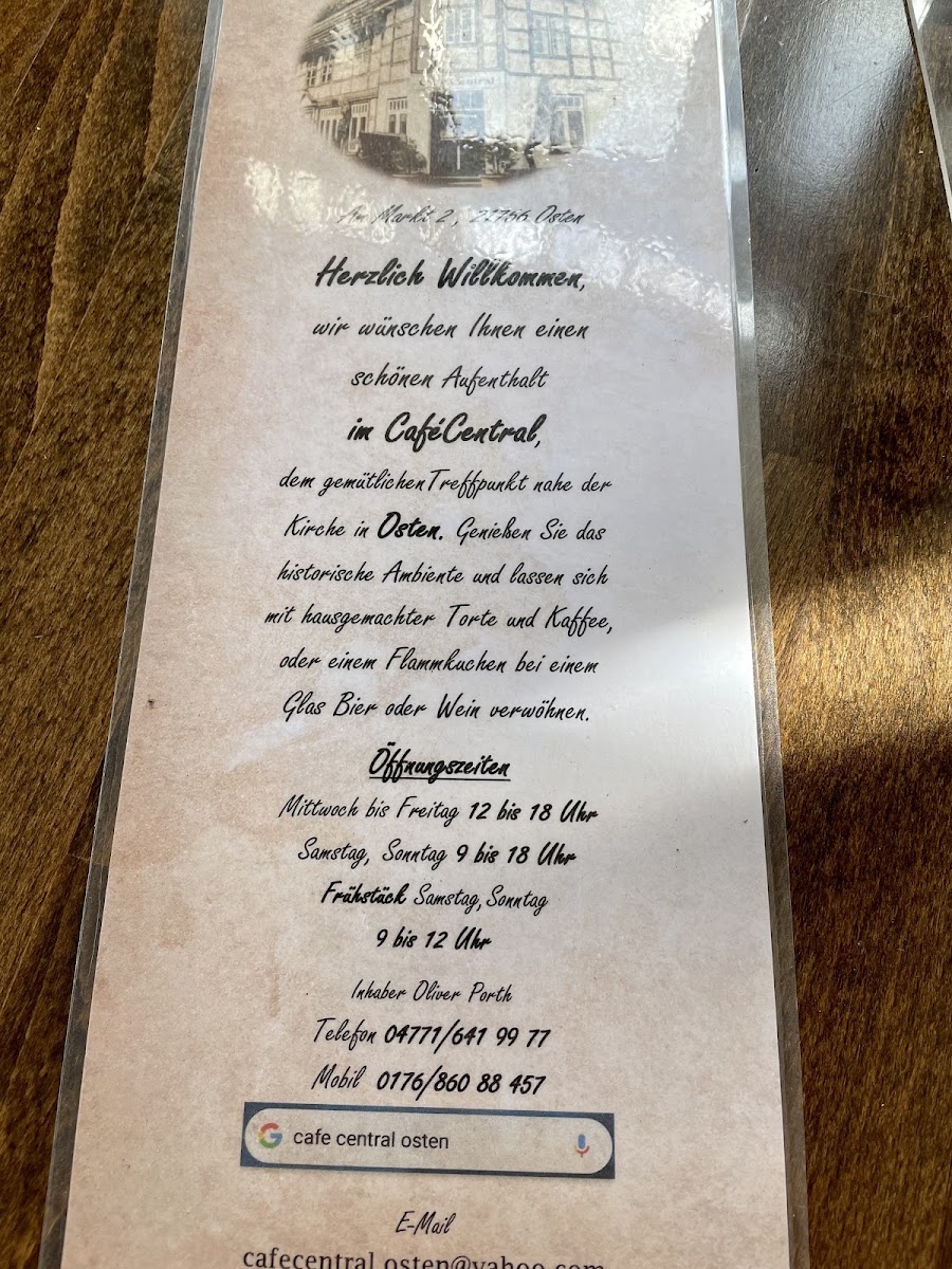 Café Central Osten menu board