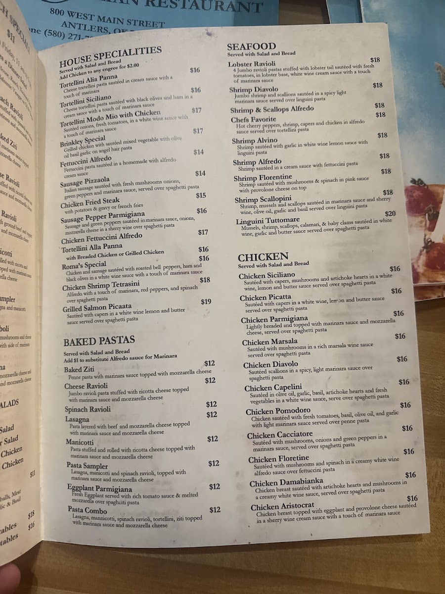 Roma's Italian Restaurant menu board