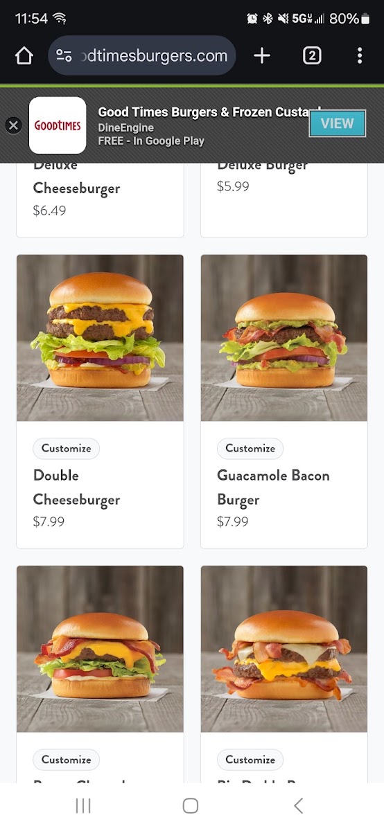 Good Times Burgers & Frozen Custard menu board