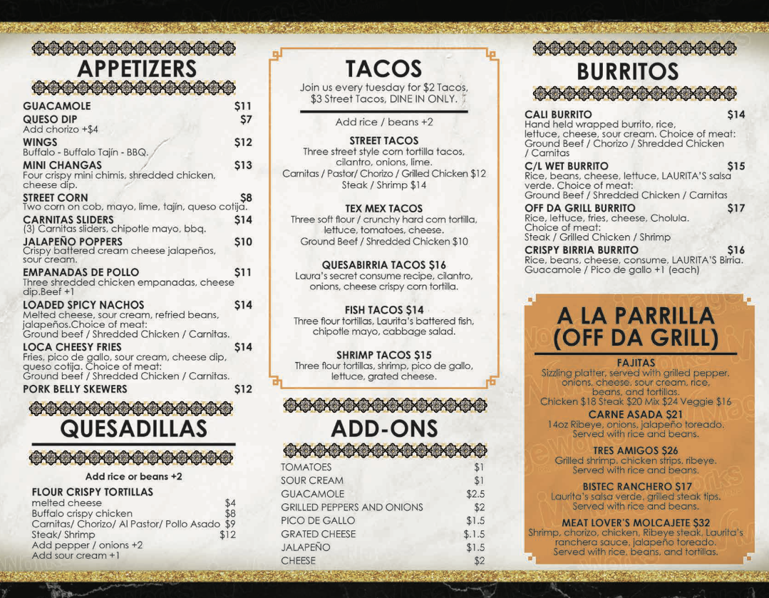 Casa Laura Tacos & Tequila menu board