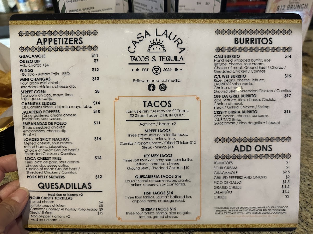 Casa Laura Tacos & Tequila menu board