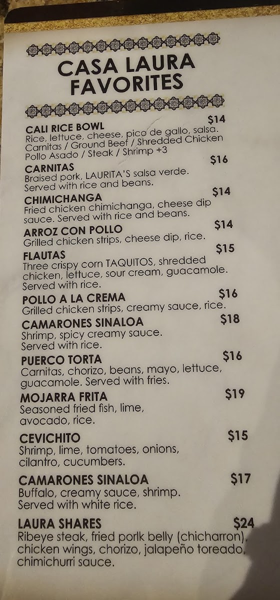 Casa Laura Tacos & Tequila menu board