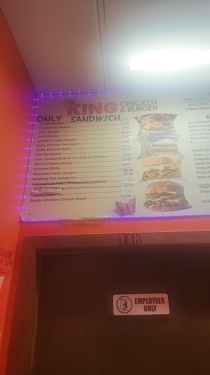King Chicken and Burger menu board