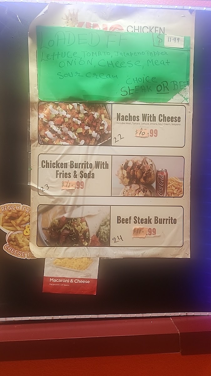 King Chicken and Burger menu board