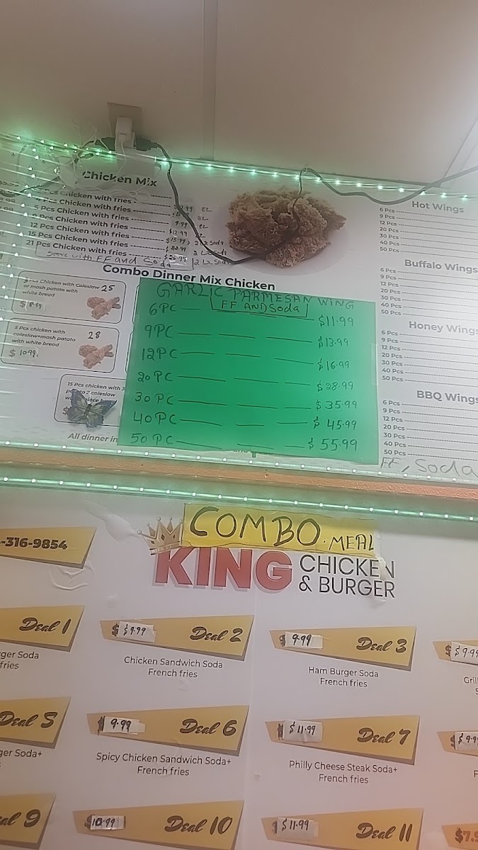 King Chicken and Burger menu board