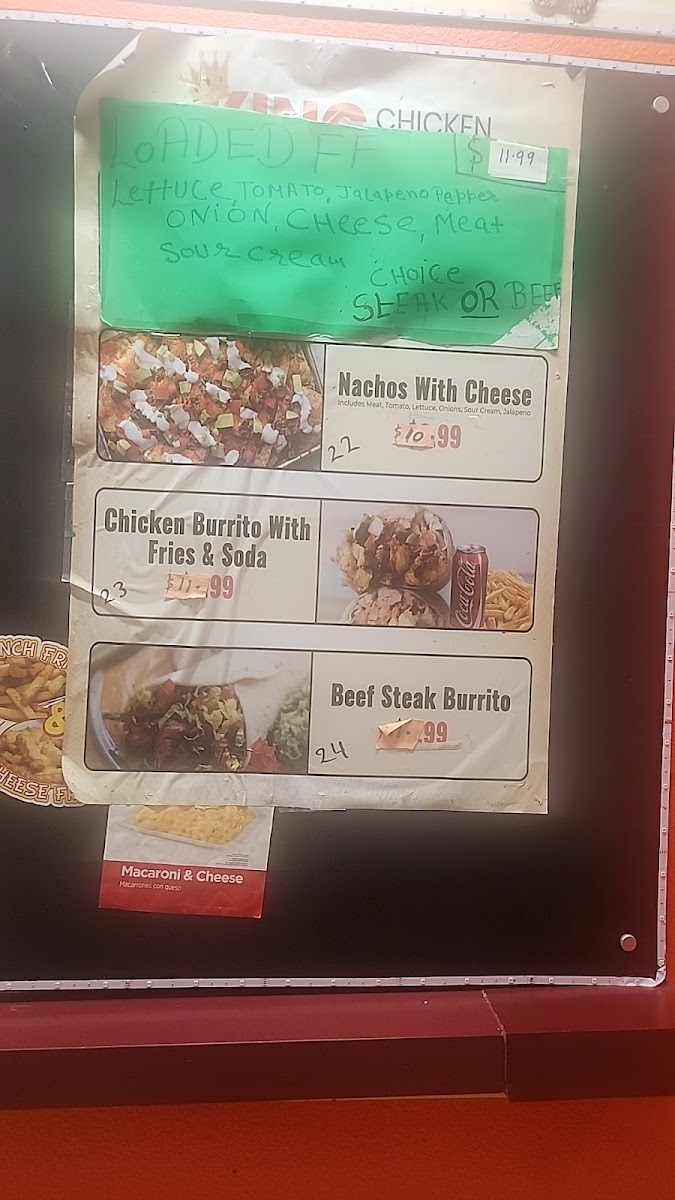 King Chicken and Burger menu board