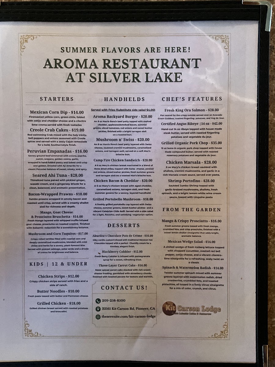 Aroma Restaurant at Silver Lake menu board