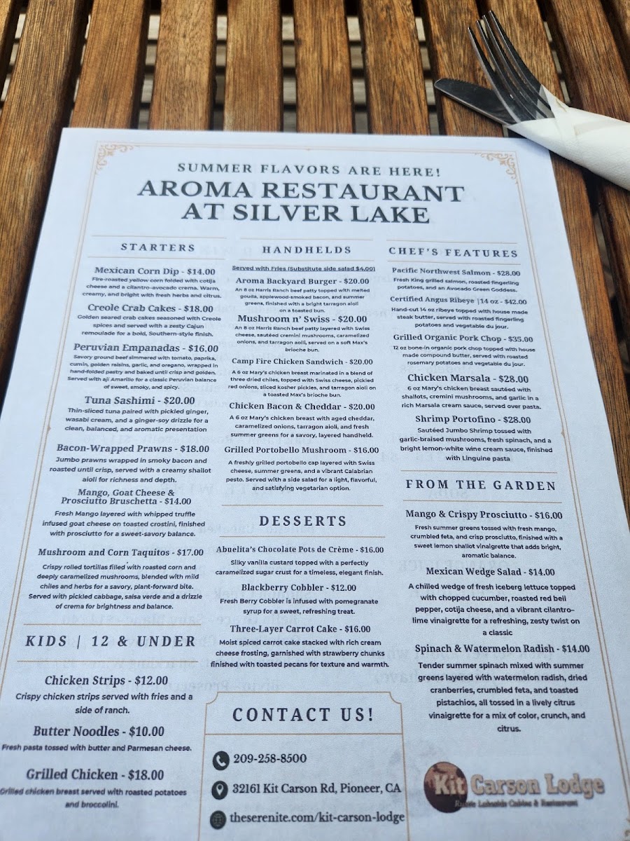 Aroma Restaurant at Silver Lake menu board
