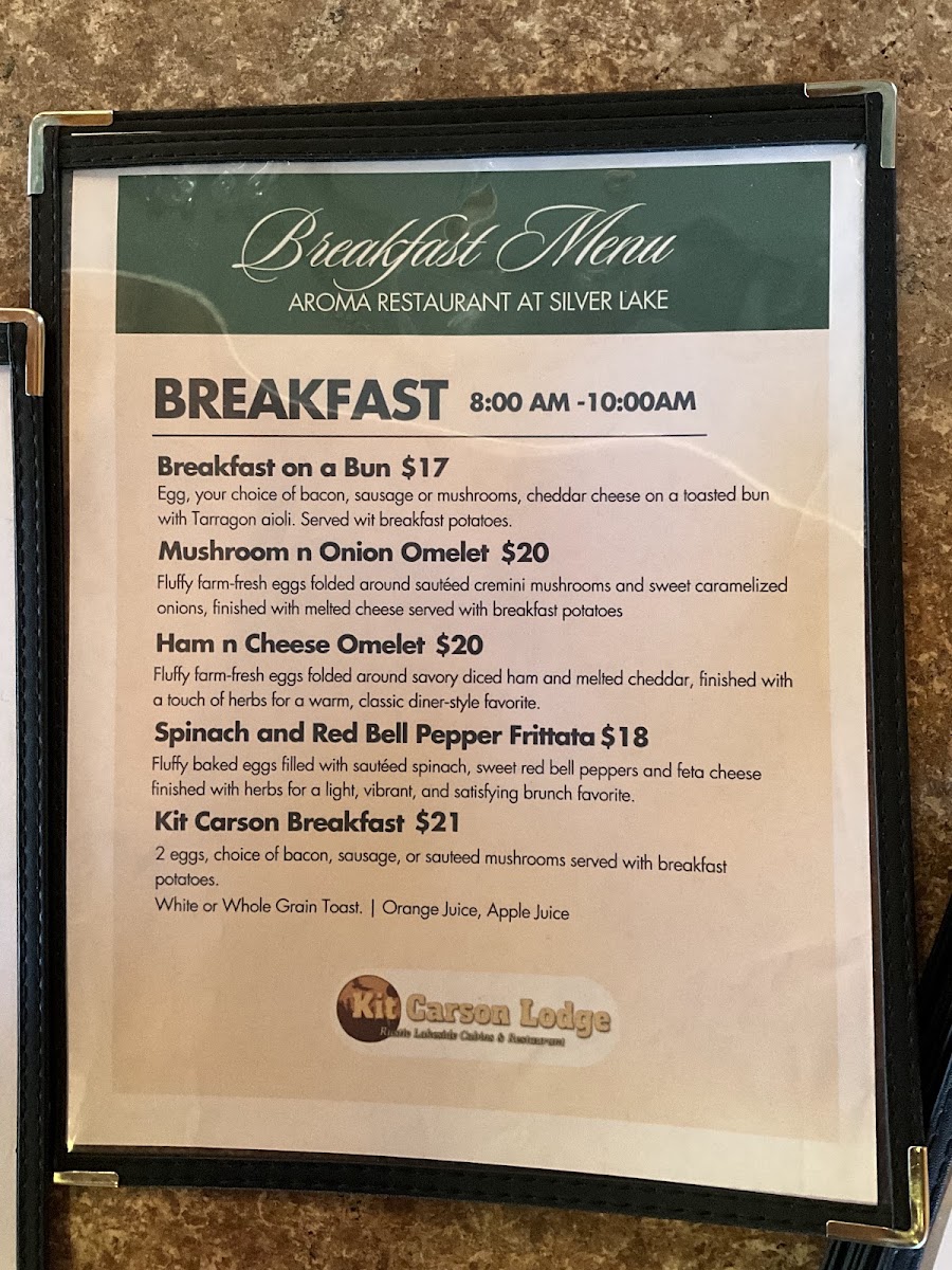 Aroma Restaurant at Silver Lake menu board
