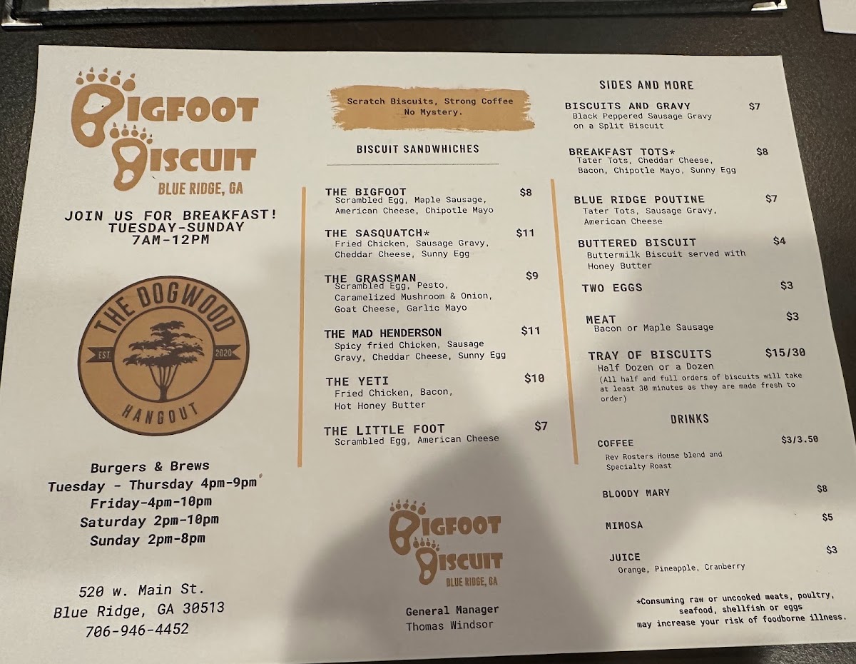 Bigfoot Biscuit menu board