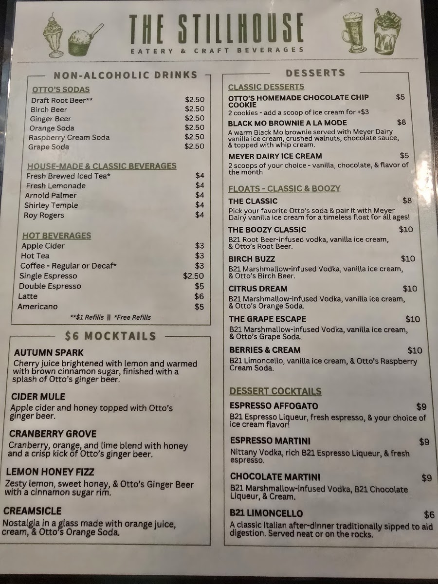 The StillHouse Eatery & Craft Beverages menu board