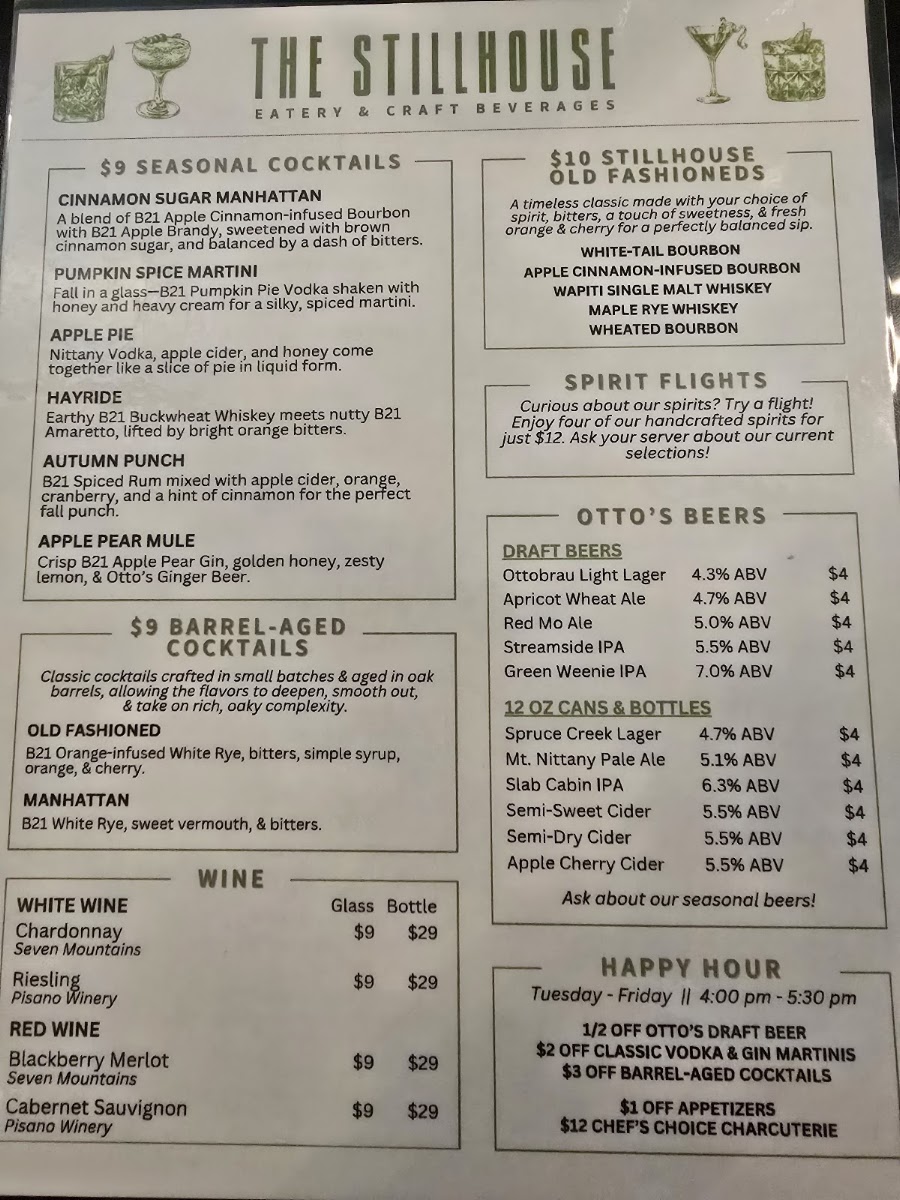 The StillHouse Eatery & Craft Beverages menu board