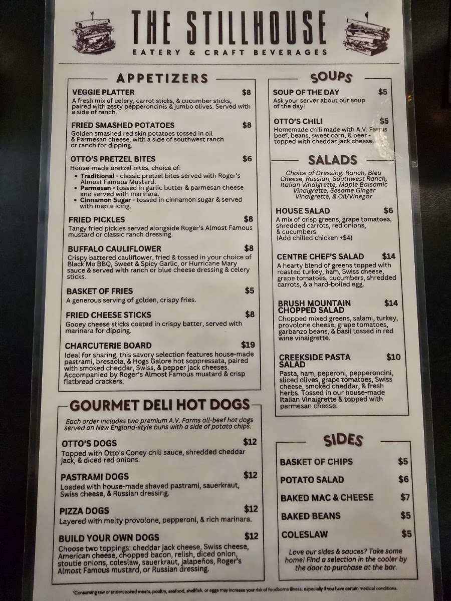 The StillHouse Eatery & Craft Beverages menu board