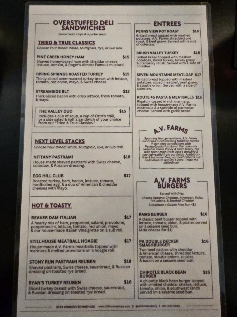 The StillHouse Eatery & Craft Beverages menu board