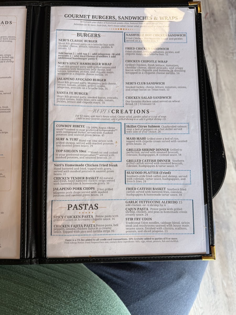 Neri's Courtyard Bar & Grill menu board