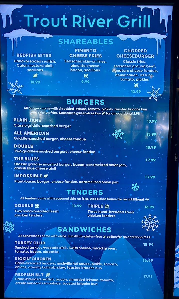 Trout River Grille menu board