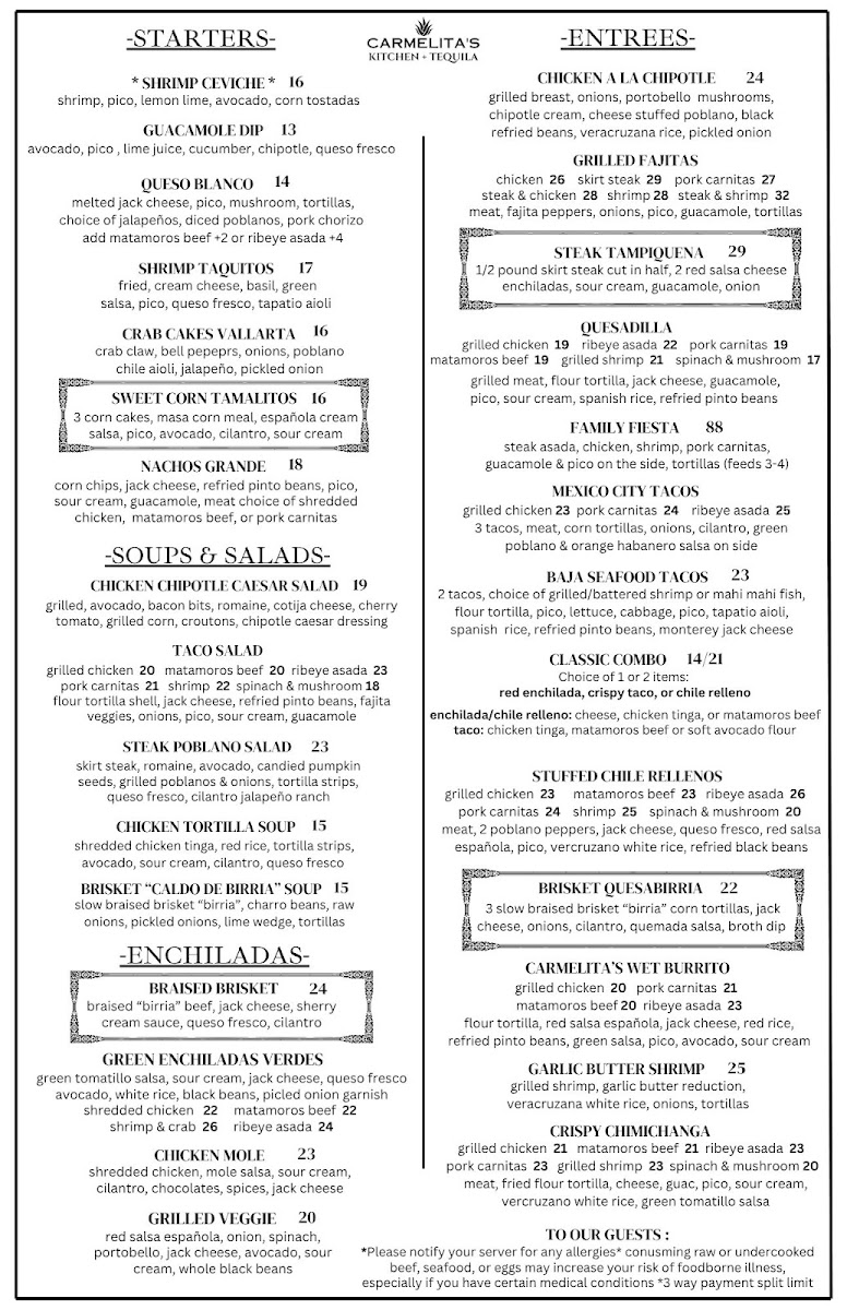 Carmelita's Kitchen + Tequila - Cypress menu board