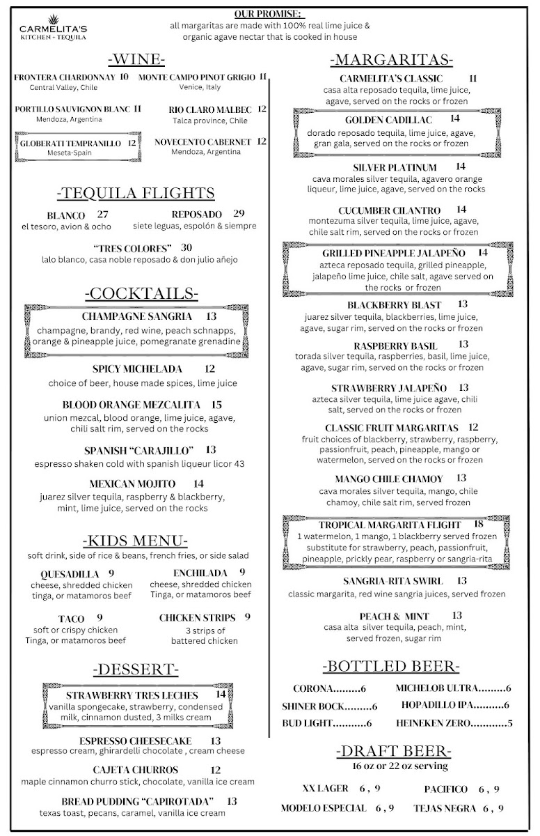 Carmelita's Kitchen + Tequila - Cypress menu board