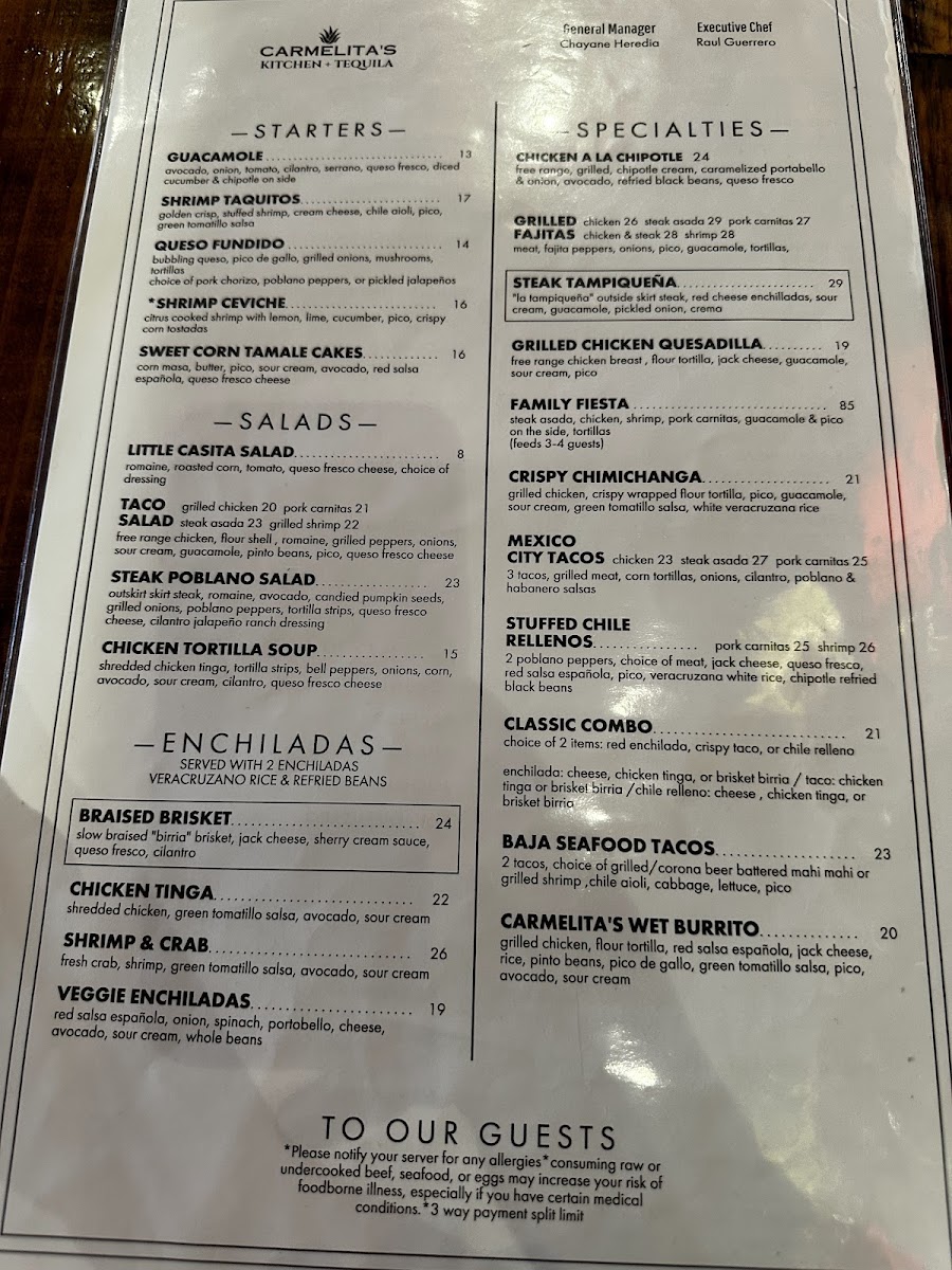 Carmelita's Kitchen + Tequila - Cypress menu board