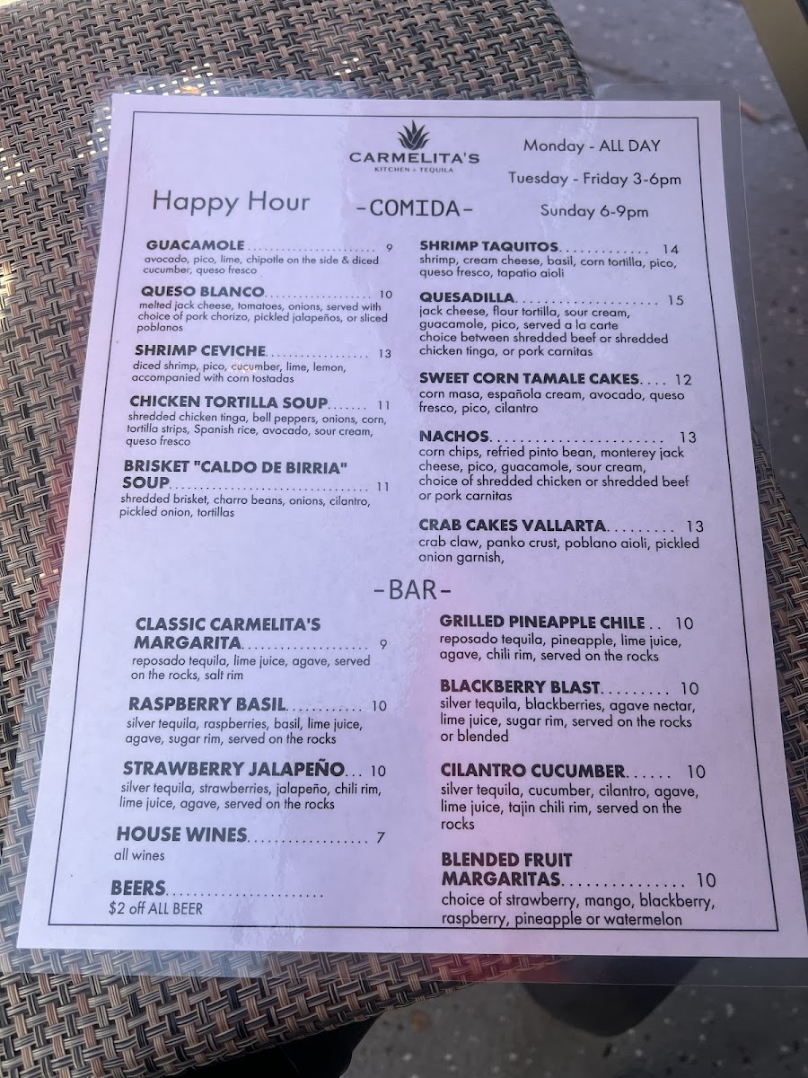 Carmelita's Kitchen + Tequila - Cypress menu board