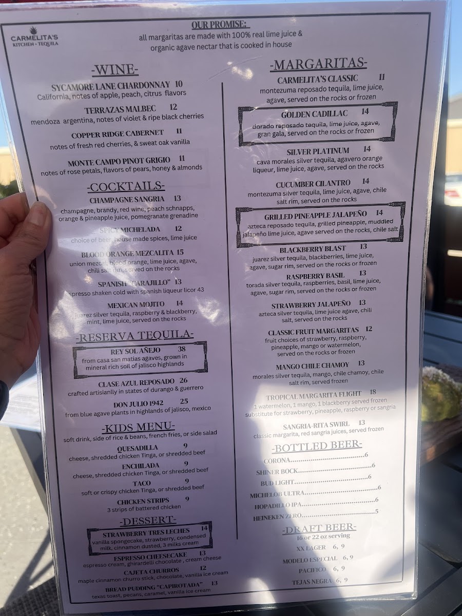 Carmelita's Kitchen + Tequila - Cypress menu board