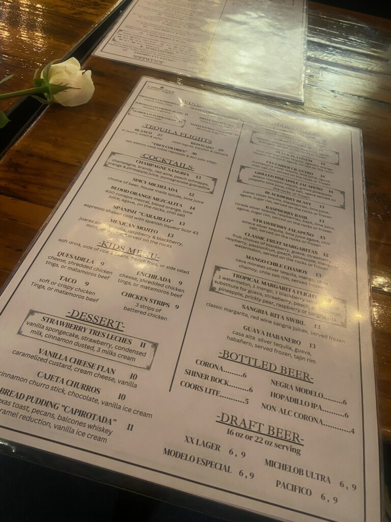 Carmelita's Kitchen + Tequila - Cypress menu board