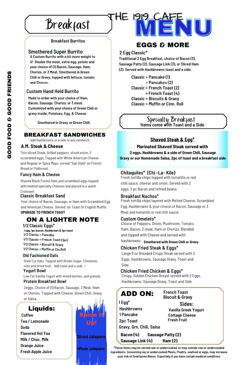 The 1919 Cafe menu board