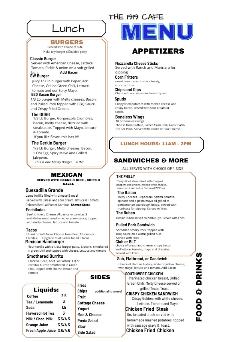 The 1919 Cafe menu board