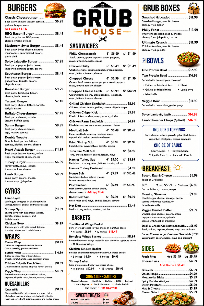 Grub House menu board