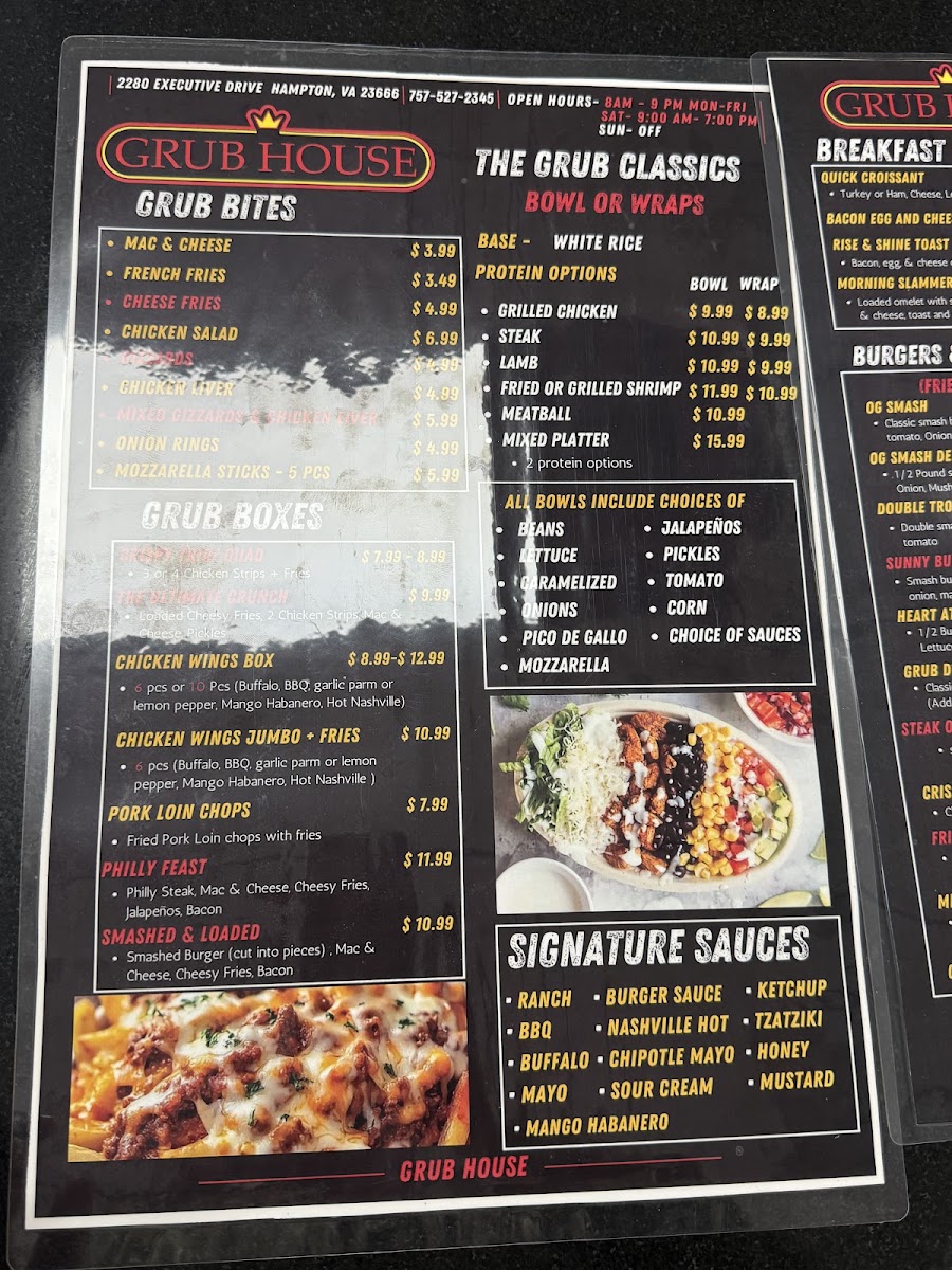Grub House menu board