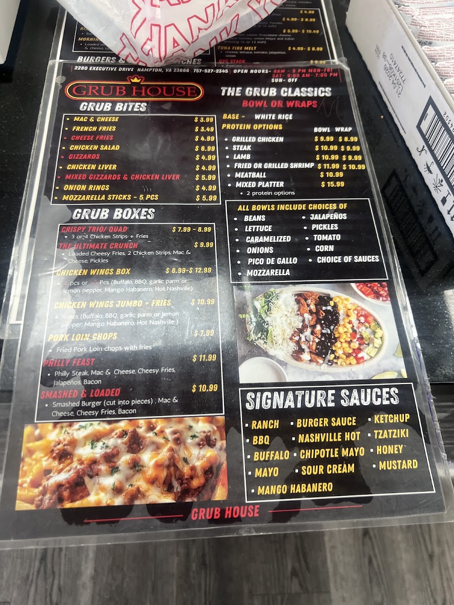 Grub House menu board