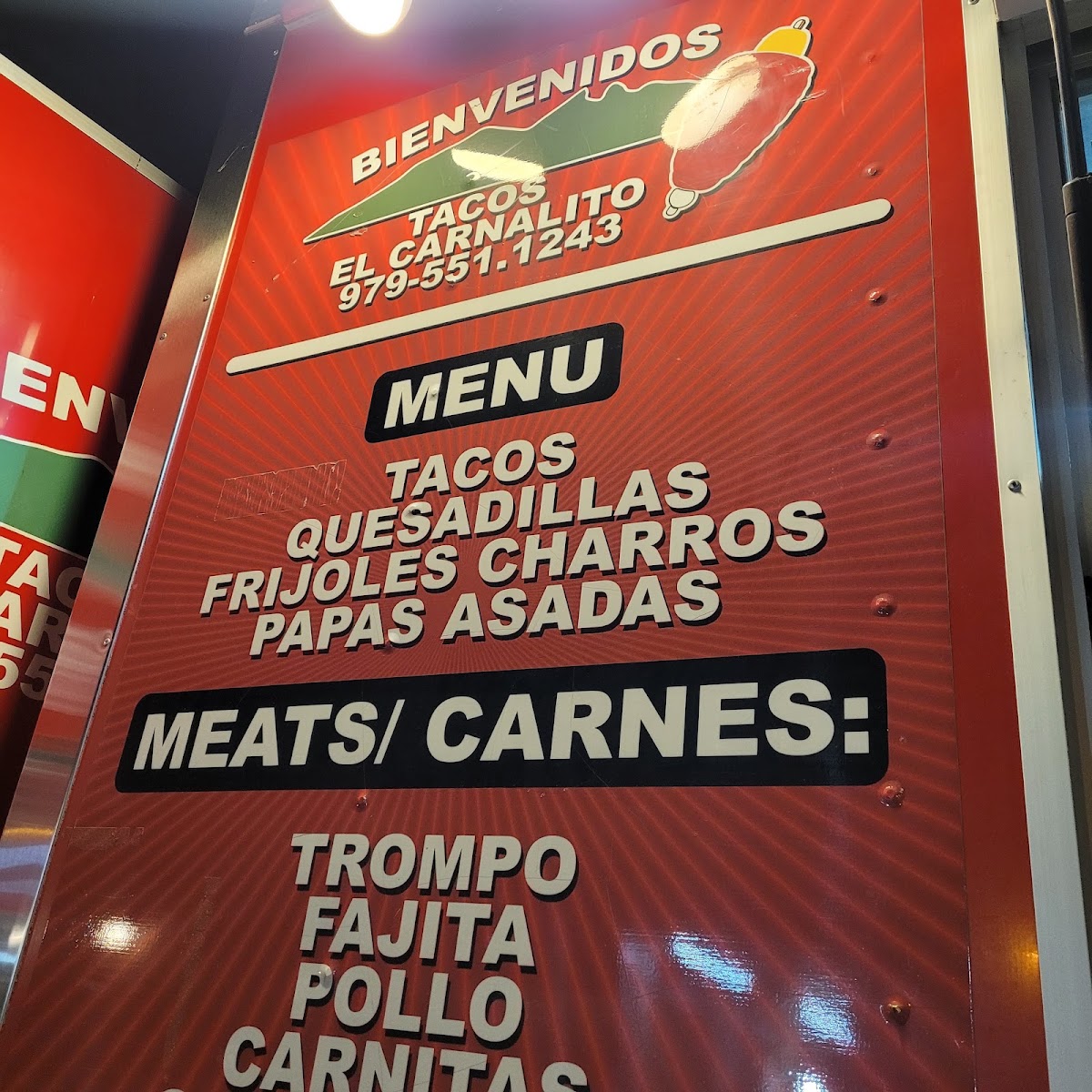 Tacos el carnalito menu board