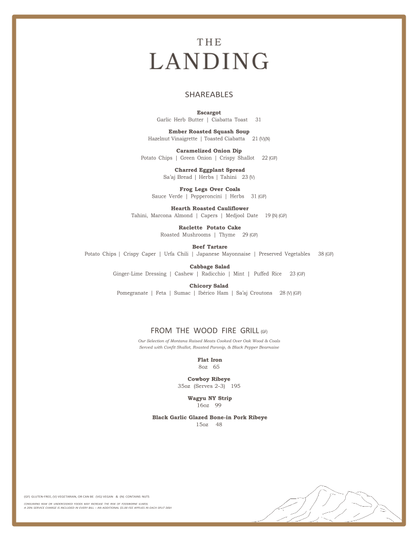The Landing Restaurant menu board