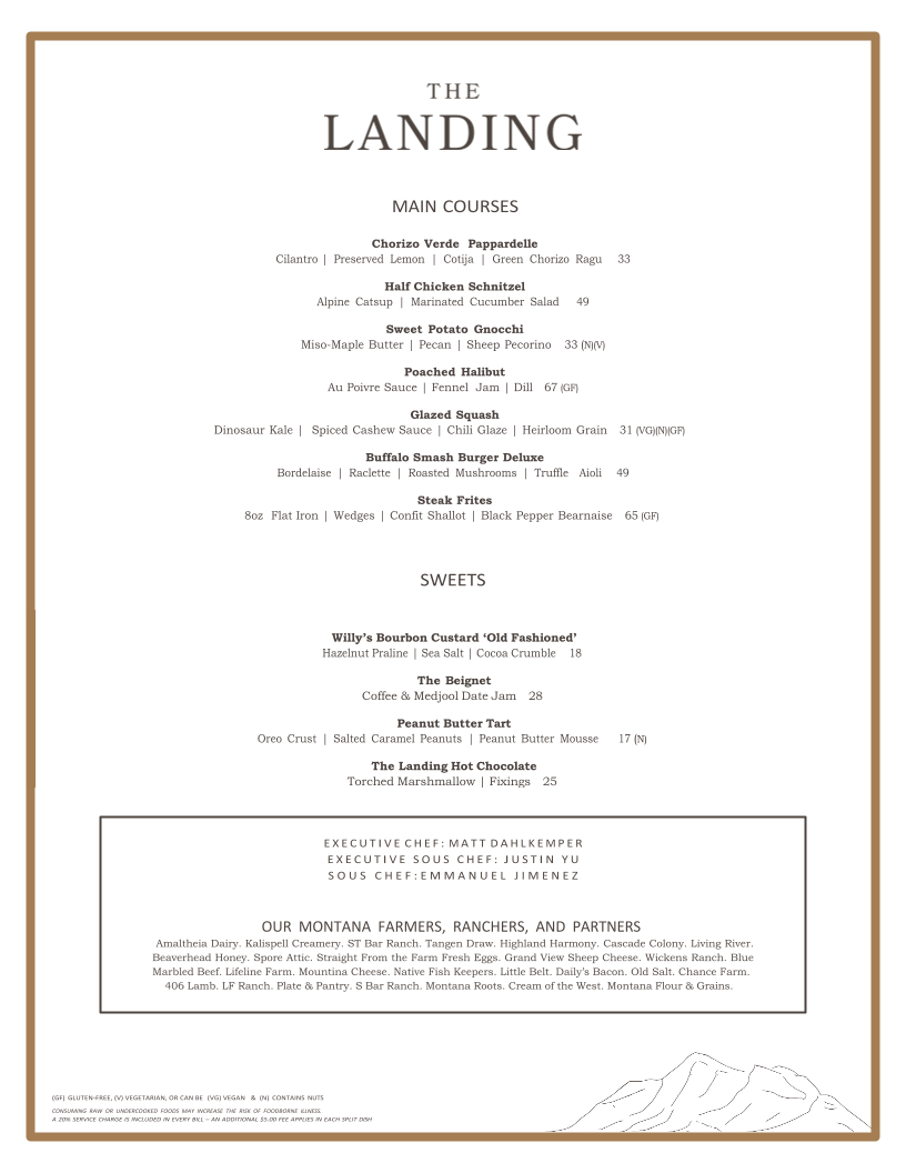 The Landing Restaurant menu board