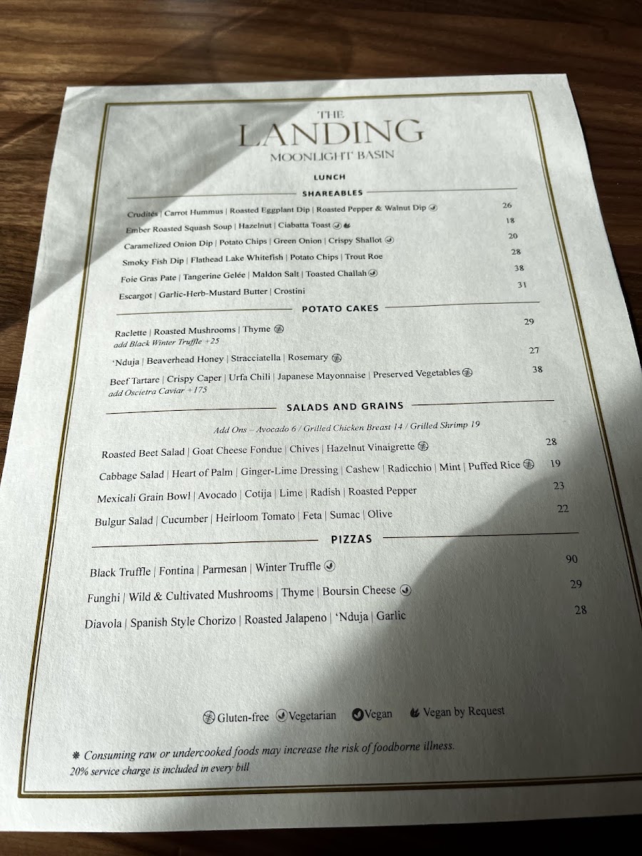 The Landing Restaurant menu board