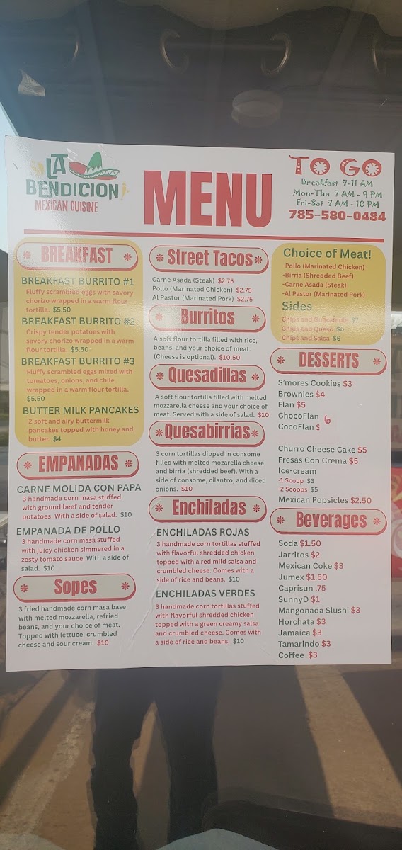 La Bendicion Mexican Cuisine menu board