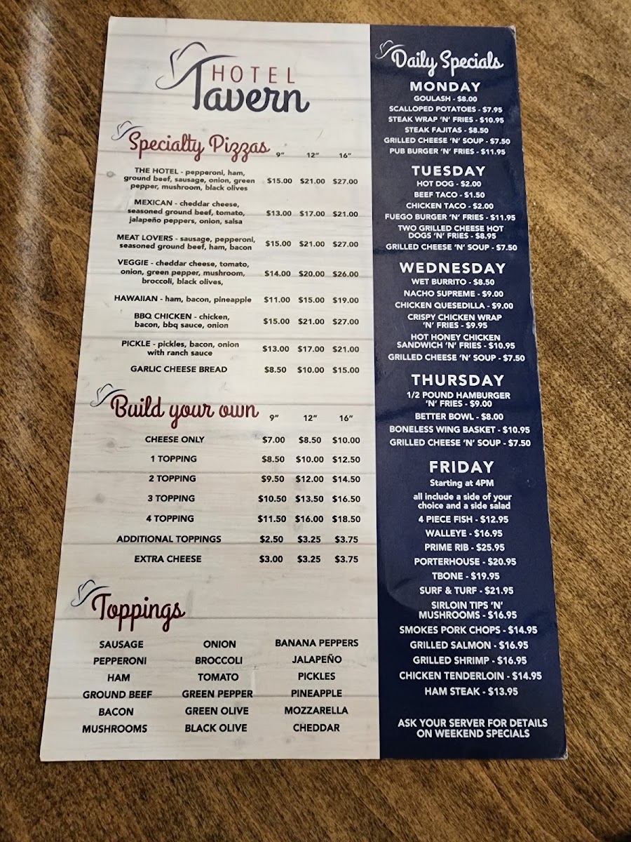 Hotel Tavern menu board