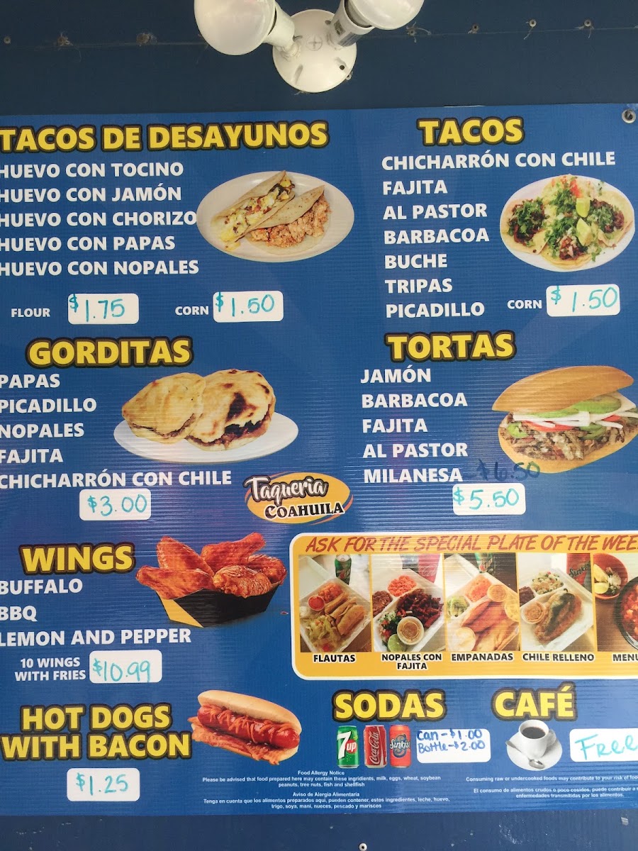 Taqueria Coahuila menu board