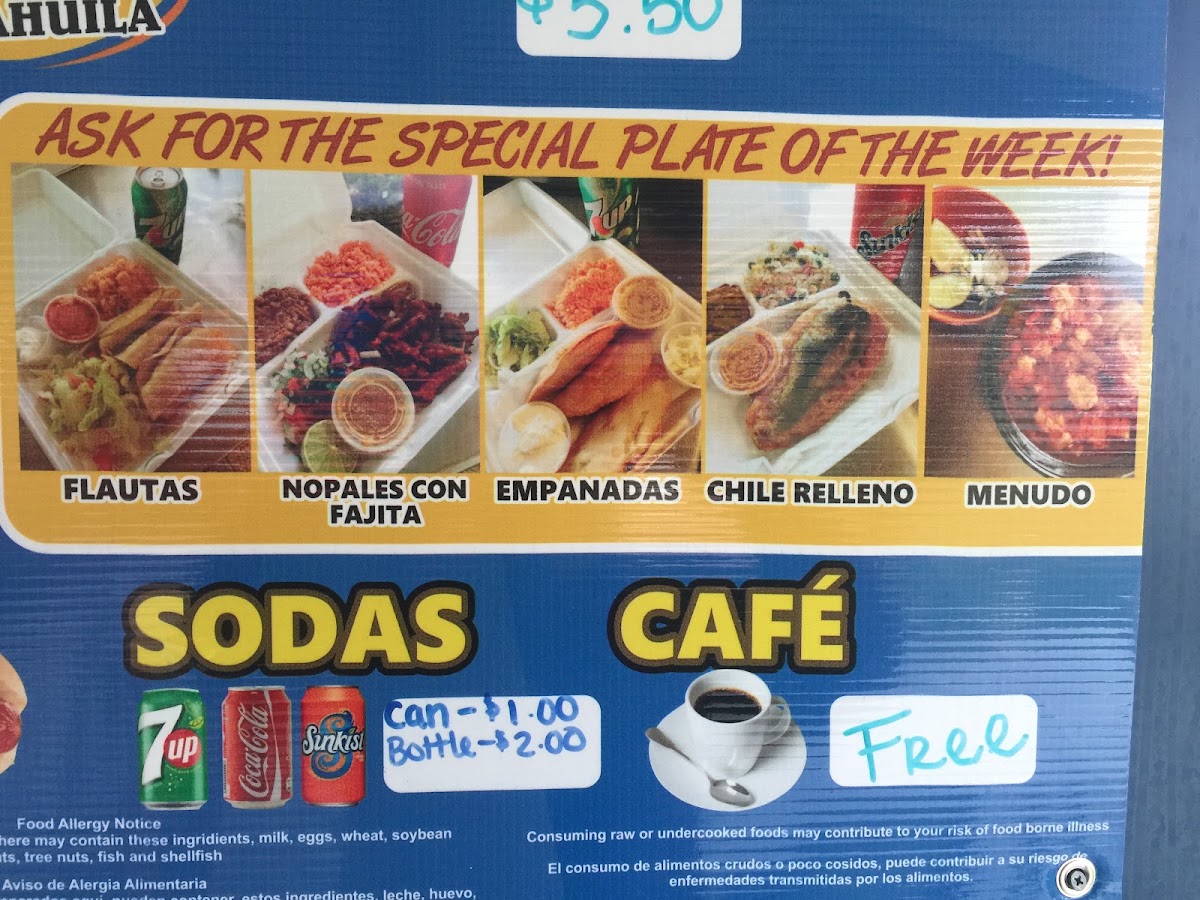 Taqueria Coahuila menu board