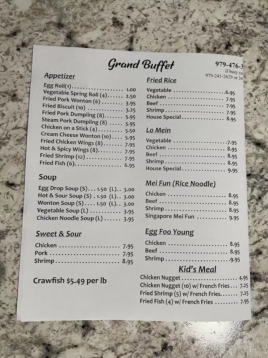 Grand Buffet menu board