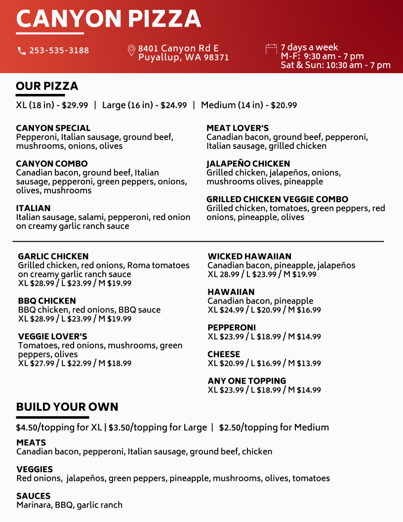 Canyon Pizza and Mini Mart menu board