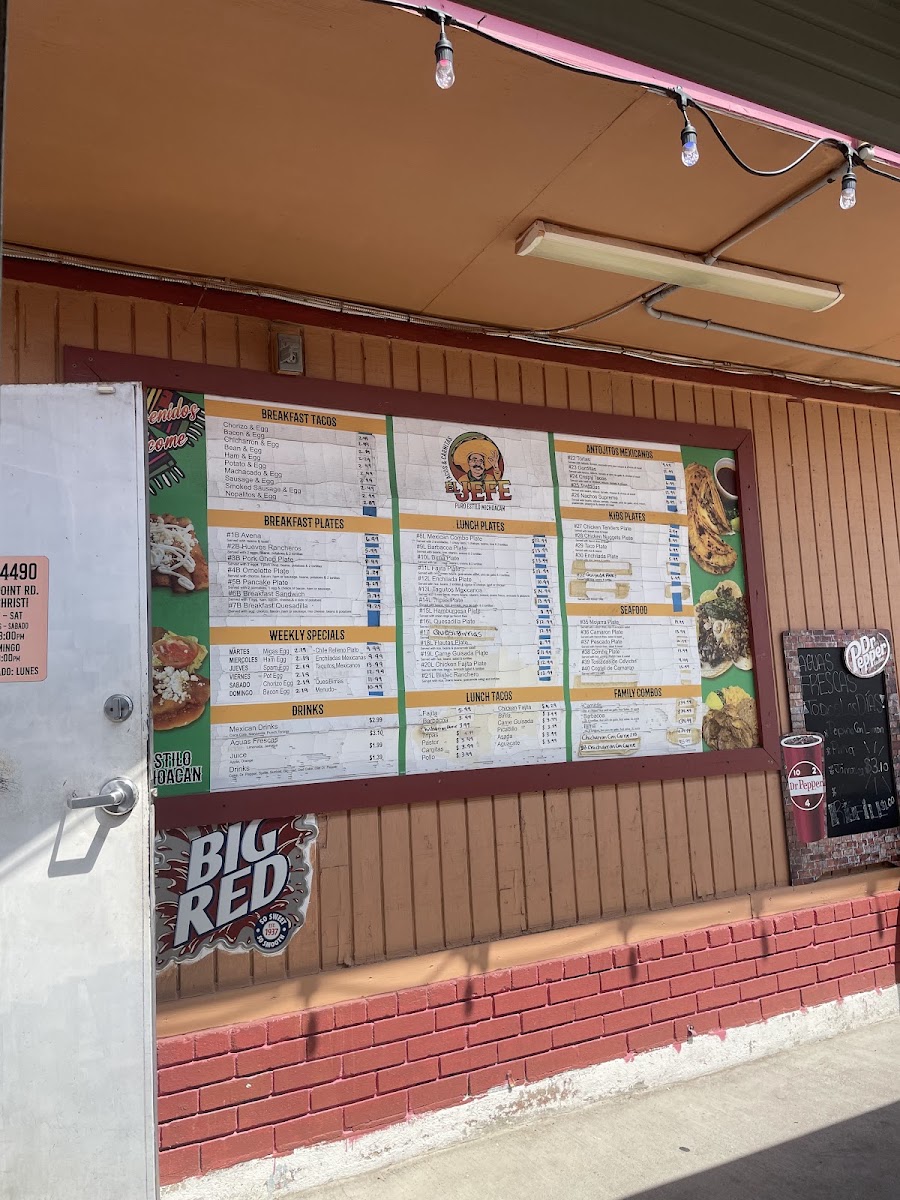 Tacos y Carnitas “El Jefe” menu board