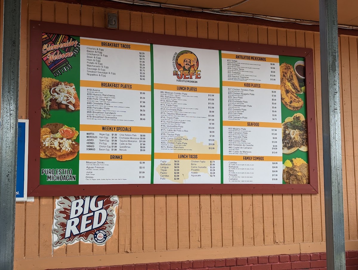 Tacos y Carnitas “El Jefe” menu board